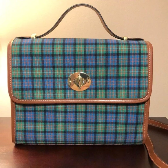 Estate Tartan Plaid Leather  Handle Crossbody Bag Blue and Green NWOT - Picture 7 of 7